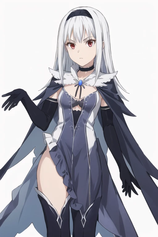 1girl, aira, blanc neige, galdinius hairband, black elbow gloves, blue dress cleavage, frilled choker, white cape, black cape, black thighhighs frills, blue gemstone, park
