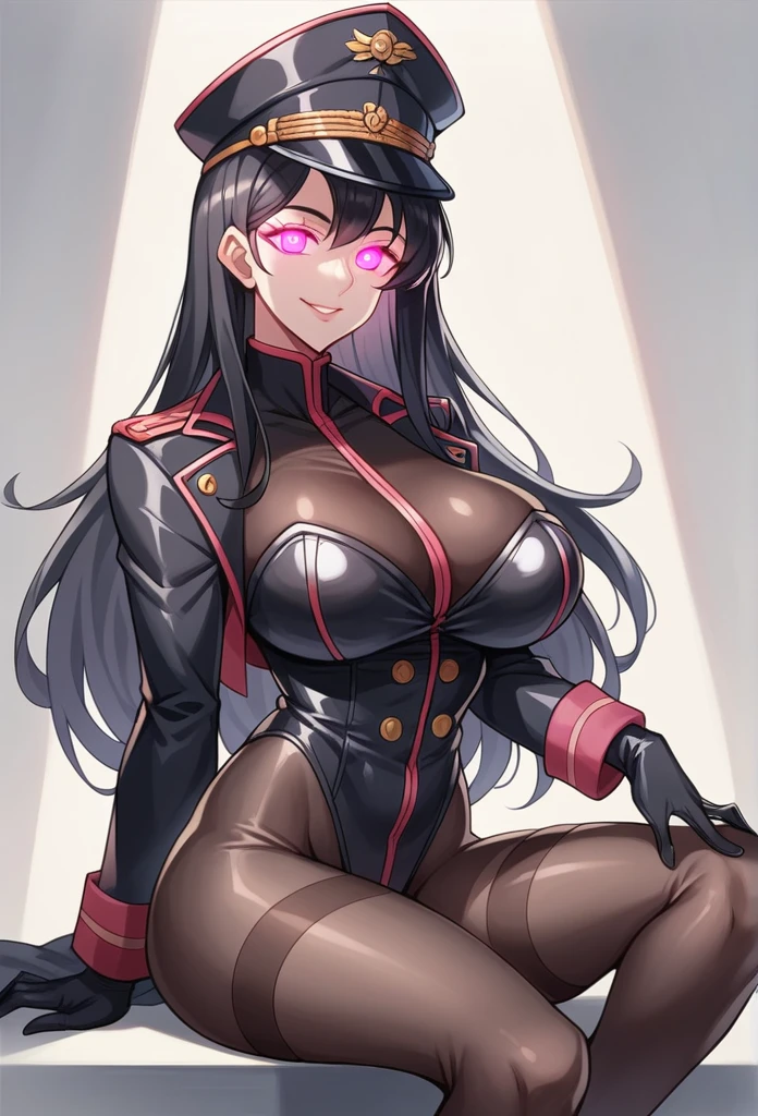 masterpiece, best quality, 1lady,black hair,long hair,glowing eyes, (finely detailed empty pupils and detailed face),,,,extremely detailed picture unity 8k wallpaper,solo,(latex military costume:0.9),large breasts,seductive smile,military hat,latex thighhigh,large breasts,black hair,pink eyes,black leotard,pantyhose,military coat,enamel suits,grossy lips,sitting,bust shot,sadistic smile,