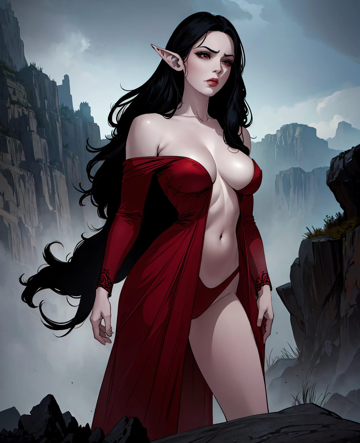 a devilish woman with long black hair, pale flawless skin, piercing red eyes, wearing an intricate elf-like costume with sharp pointed ears, in a dark and moody fantasy setting, (best quality,8k,highres,masterpiece:1.2),ultra-detailed,(realistic,photorealistic,photo-realistic:1.37),dark fantasy,dark art,chiaroscuro lighting,dramatic lighting,dramatic colors,cinematic composition,cinematic atmosphere,digital painting,concept art