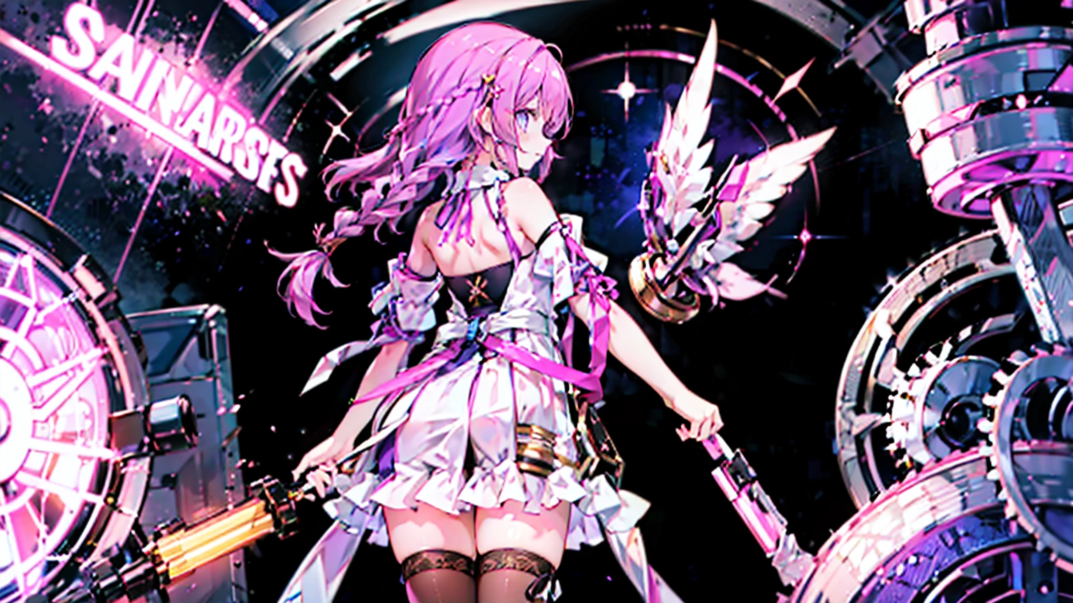 This character is a beautifully designed anime-like character with delicate features. She has long pastel purple hair that flows down to her ankles, and her bangs are swept to the side. Her eyes are large and expressive, with pink irises often seen on anime-style characters. She wears a fantasy-inspired outfit that combines purple and black colors with gold accents. The outfit includes a fitted bodice with a high collar, ruffles, lace detailing, and ribbon-knit thigh-high stockings. Characters are decorated with ribbon-like accessories, such as large ribbons in their hair and small ribbons in their costumes. She also has gold chains dangling from her hips and thighs. She is wearing a swimsuit, which often features frills and purple. It was midnight, and the darkness of the night highlighted the yellow stars. Her back is one-sided with angel wings.