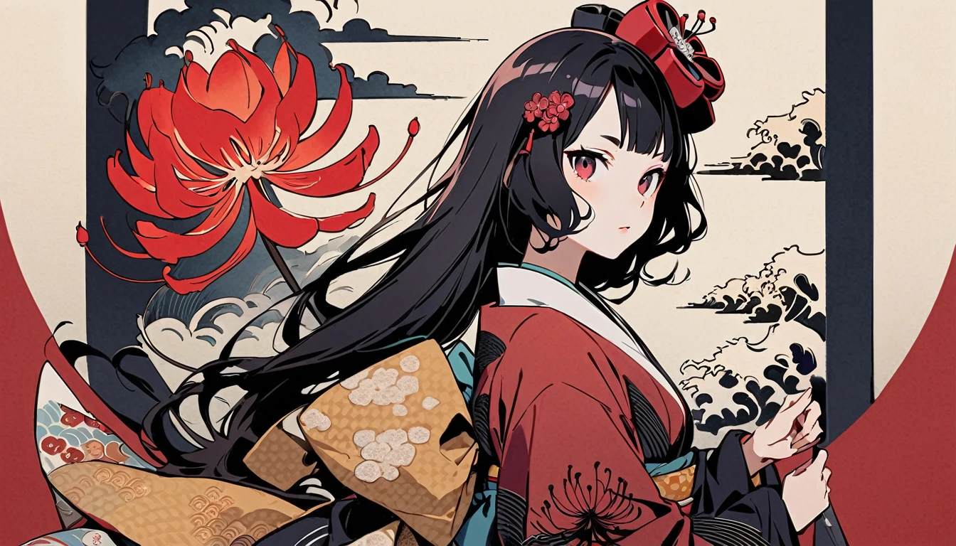 Highest quality, Katsushika Hokusai, Ink Painting, (((straight longhair))), (((1 girl))), (((Pale red yukata))), Japanese style headphones, Red spider lily, beautiful girl, Black Hair, Delicate and precise, Modern ukiyo-e style, Red Eyes, hairpin