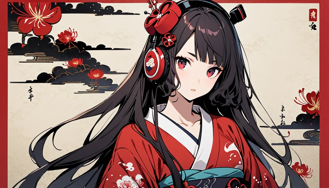 Highest quality, Katsushika Hokusai, Ink Painting, (((straight longhair))), (((1 girl))), (((Pale red yukata))), Japanese style headphones, Red spider lily, beautiful girl, Black Hair, Delicate and precise, Modern ukiyo-e style, Red Eyes, hairpin