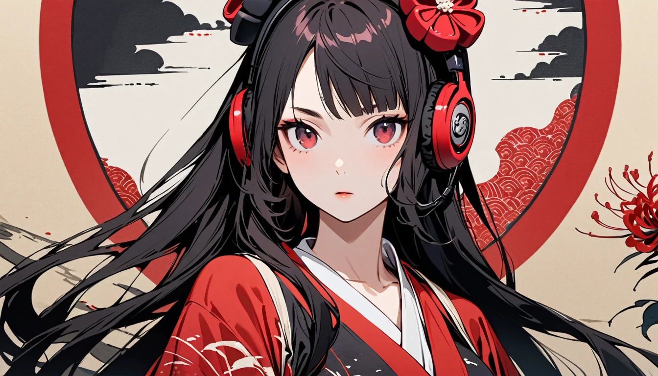 Highest quality, Katsushika Hokusai, Ink Painting, (((straight longhair))), (((1 girl))), (((Pale red yukata))), Japanese style headphones, Red spider lily, beautiful girl, Black Hair, Delicate and precise, Modern ukiyo-e style, Red Eyes, hairpin