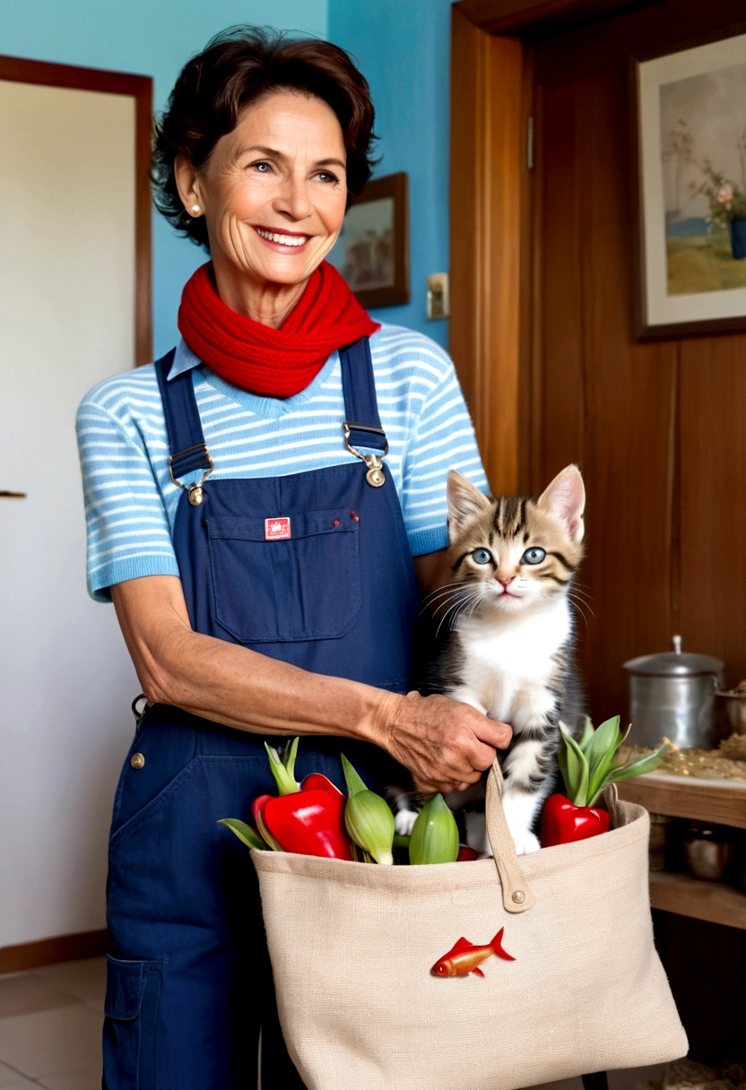 Leo, the kitten kitten, is smiling satisfied, holding the makeshift bag full of goodies. He is standing in the living room of the small house, wearing his light blue sweater with white stripes and the red collar with the fish-shaped pendant. Beside him, your cute mother, taller and more imposing, está olhando para Leo com um olhar amoroso e orgulhoso. She wears navy blue gardening overalls., with a red scarf tied around his neck. Her eyes shine with joy as she watches her son, showing the special bond between them.