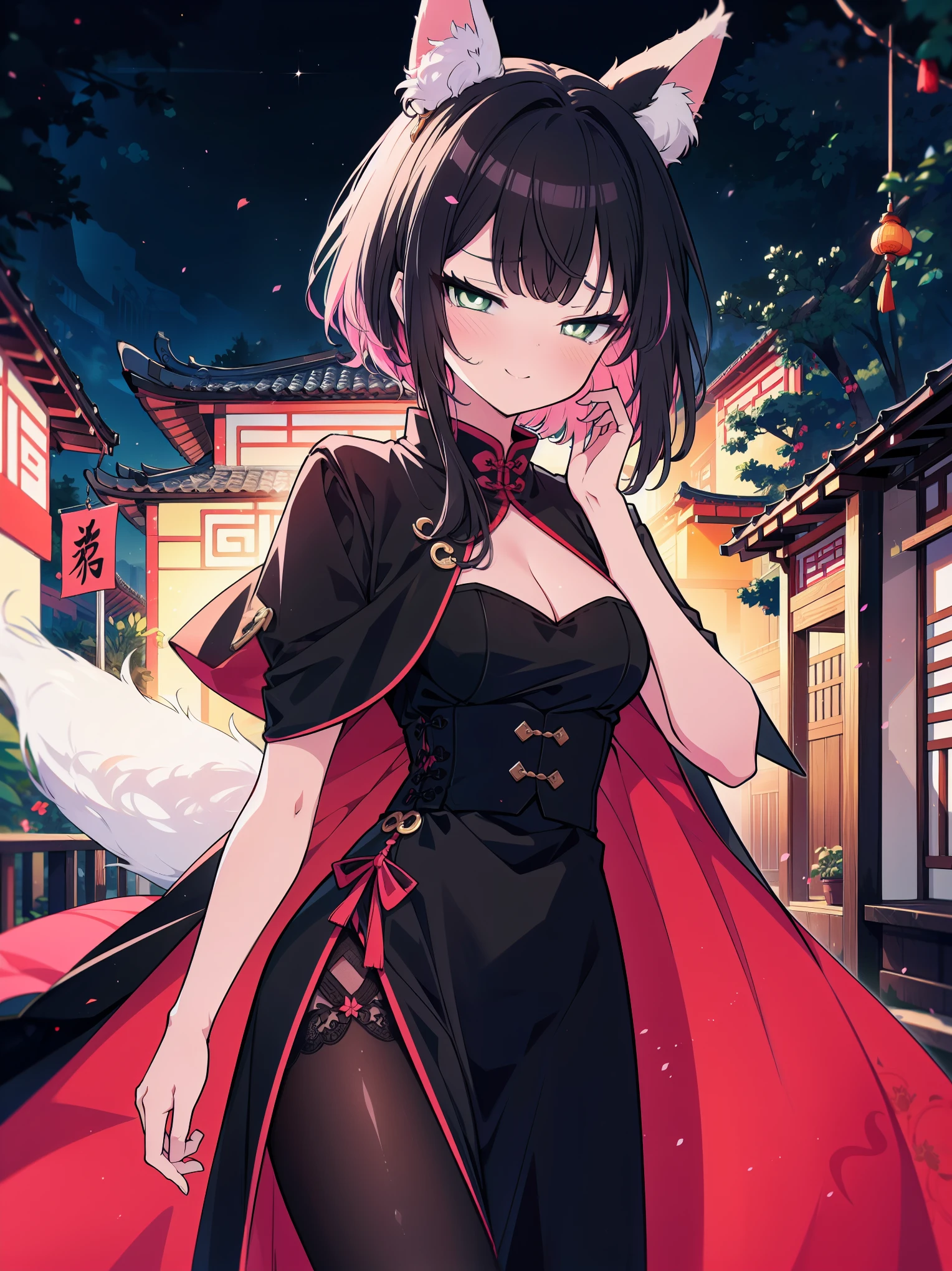 (cowboy shot), (colorful:1.1), (ultra-high resolution, depth of field:1.2), (Tingyun:1.1), solo, fox ears, white fox tail, (black hair), inner pink hair, bangs, green eyes, (red underlined), (medium breasts), (long dress), (long black dress with a waist cincher), crossed collar shirt, cleavage, pantyhose, cape, smile, squinting, Chinese garden scenery