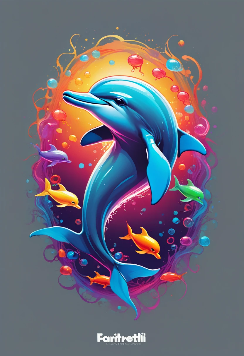 creative logo ilustration of a grey dolphin surrounded by colorful glowing jelly fishes,  digital art style by dan mumford, marc simonetti, frank frazetta, sketch, high definition, negative space, logo style, T-shirt design