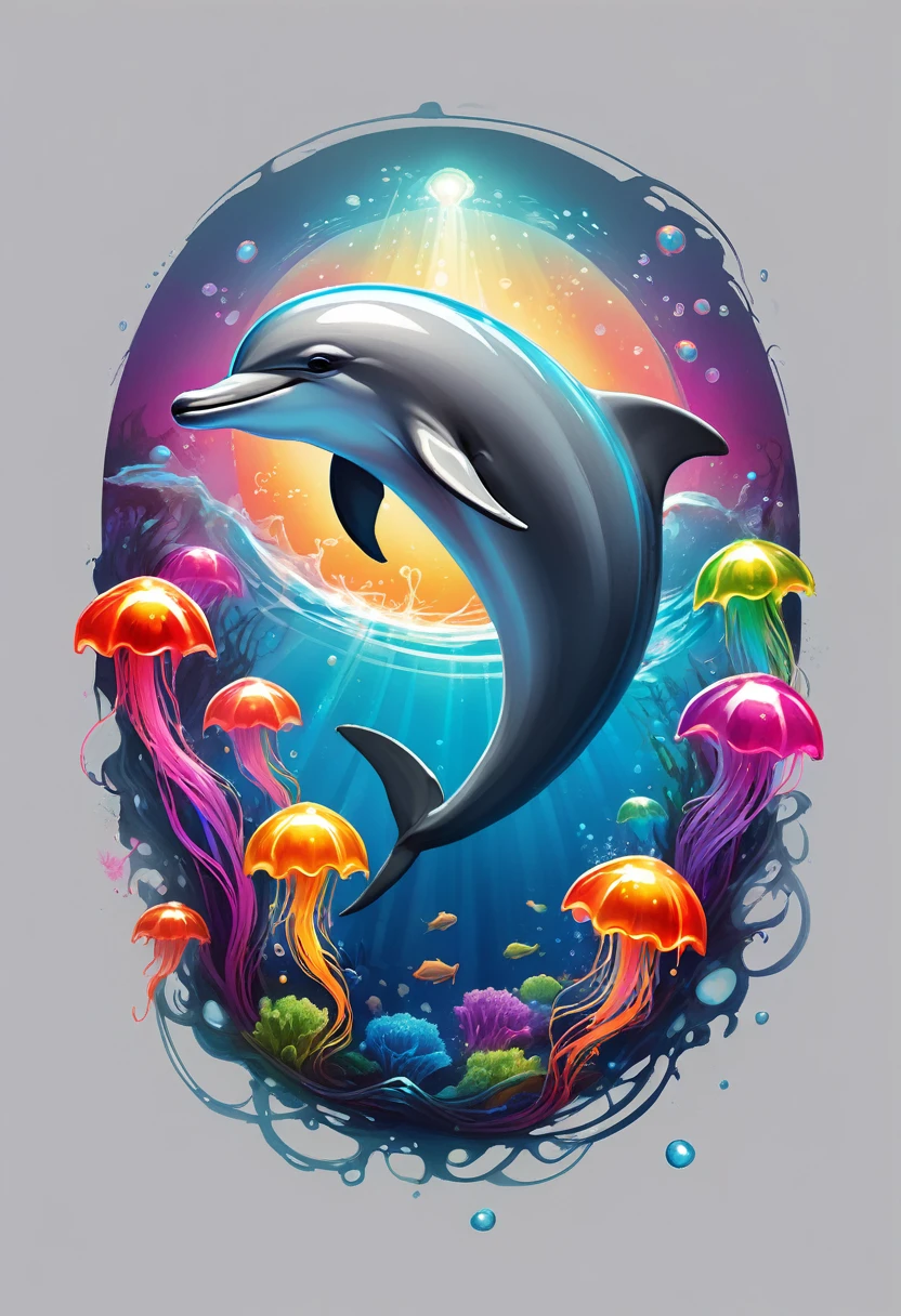 creative logo ilustration of a grey dolphin surrounded by colorful glowing jelly fishes, digital art style by dan mumford, marc simonetti, frank frazetta, sketch, high definition, negative space, logo style, T-shirt design