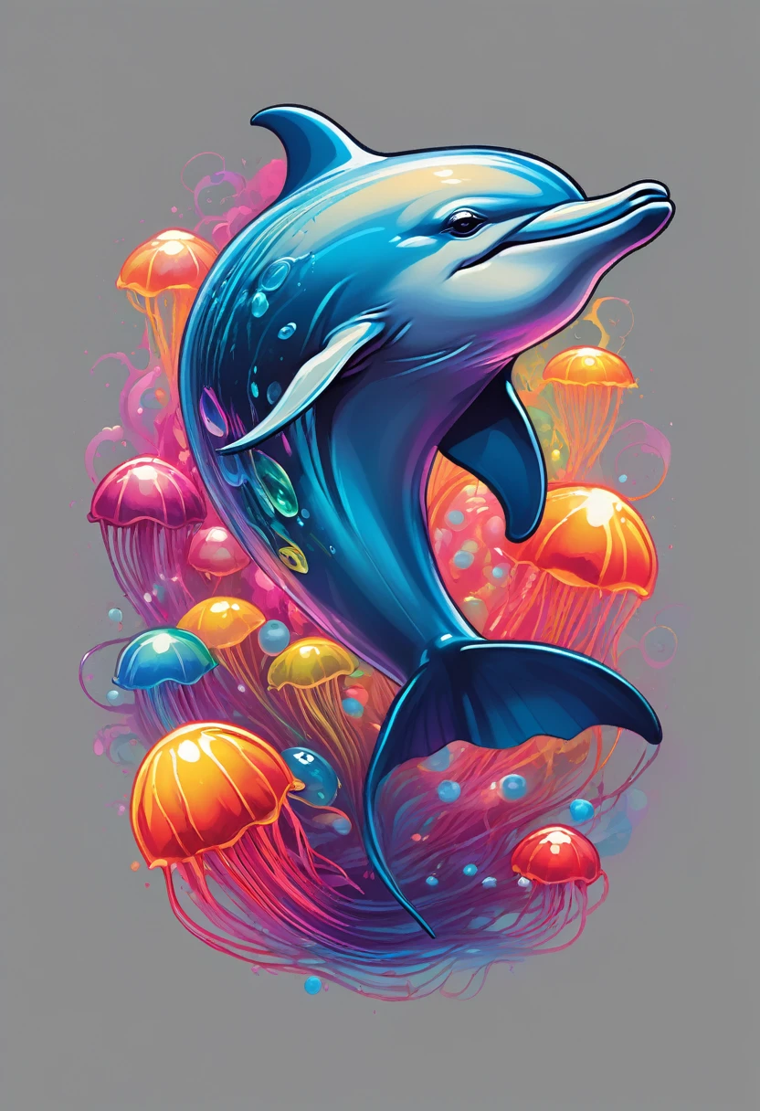 creative logo ilustration of a grey dolphin surrounded by colorful glowing jelly fishes,  digital art style by dan mumford, marc simonetti, frank frazetta, sketch, high definition, negative space, logo style, T-shirt design