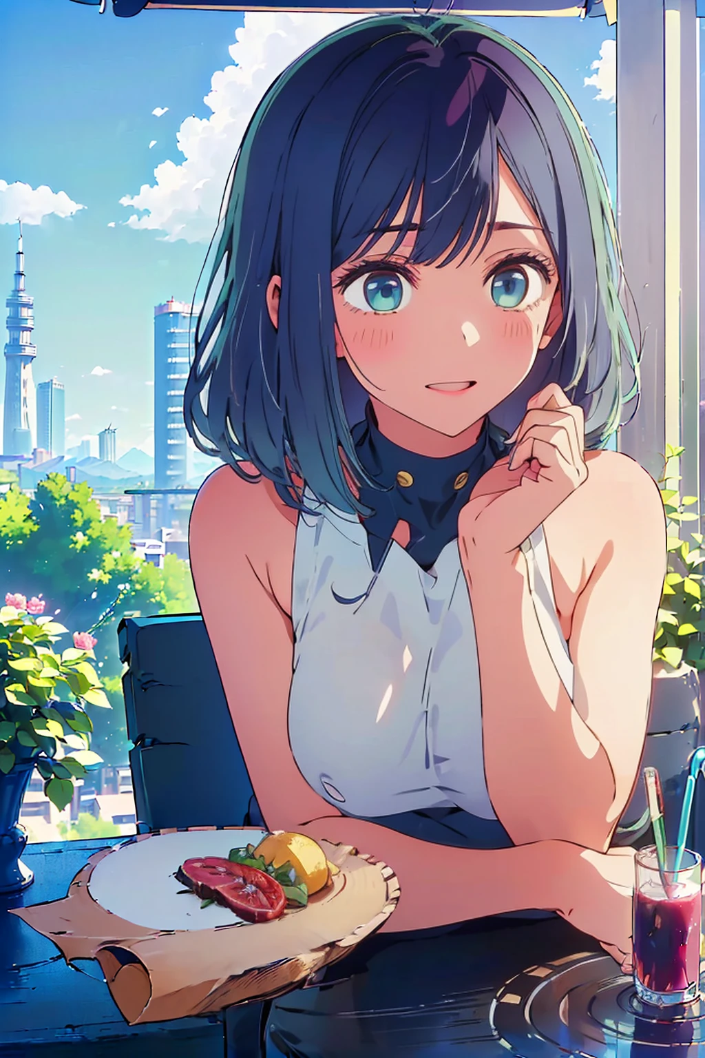 (Highest quality:1.4、masterpiece:1.4、超detailed:1.4、Ultra-high resolution:1.4、Absurd:1.4、Absolute Resolution:1.4、8K:1.4、detailed:1.4)、Slim body、((((1 person、Surprised expression、sit、Chair、In the background are the urban buildings of Tokyo、looking at the camera、Outdoor café terrace、Navy hair color、juice、table、Very cute face))))、((((nude、very beautiful areola、valley))))、(Pose with hands tucked behind ears:1.4、Cheek resting on hand:1.4)、Tank top、Nipples、Very blue sky、A completely cloudless sky