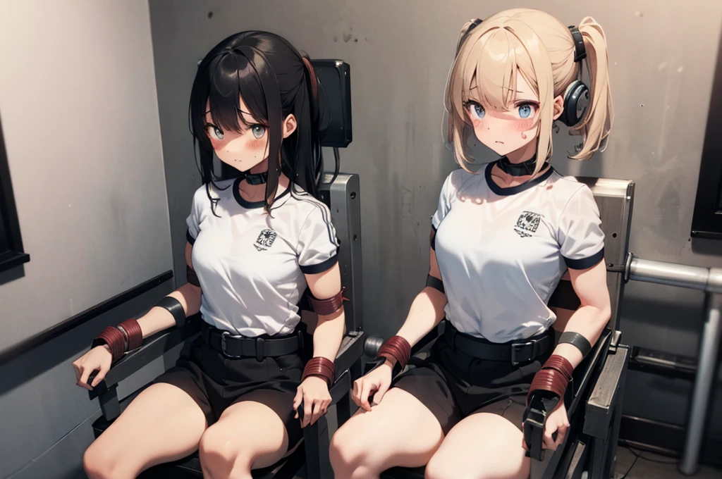3 girls, ((inside tiny room, strapped to chairs)), (sitting:1.5), (bondage chair:1.5), (blushing:1.5), (open legs:1.5), ((basement, metal room)), (((3 girls, group of girls))), (inside torture room), arms to sides , wrist cuffs, ankle cuffs, (((shocked expression, struggling))), ((short sleeve, gym uniform, tight clohing)), arms to sides, long hair, dark hair, saphire eyes, perfect body, perfect face, detailed face, detailed eyes, 16K