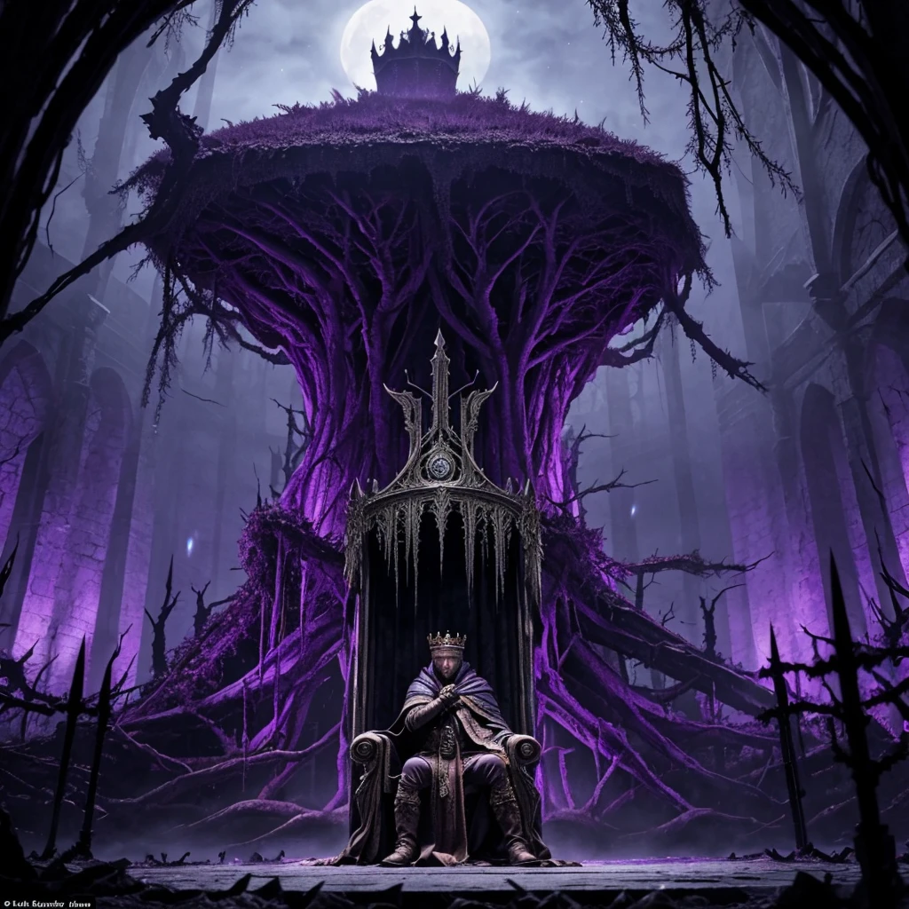 a rotting away king called the "king of the vild", purple vines everywhere in his dark throne room and coming out of his body, weilding a huge greatbow and greatsword, eerie