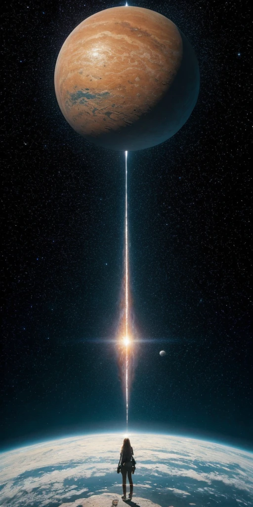 there is a woman standing in front of a painting of a planet, futuristic city in background, psytrance artwork, interconnected human lifeforms, panoramic view of girl, progressive rock album cover, dream of the endless, star dust, galaxy, stoner rock --ar 16:9 --v 5.1