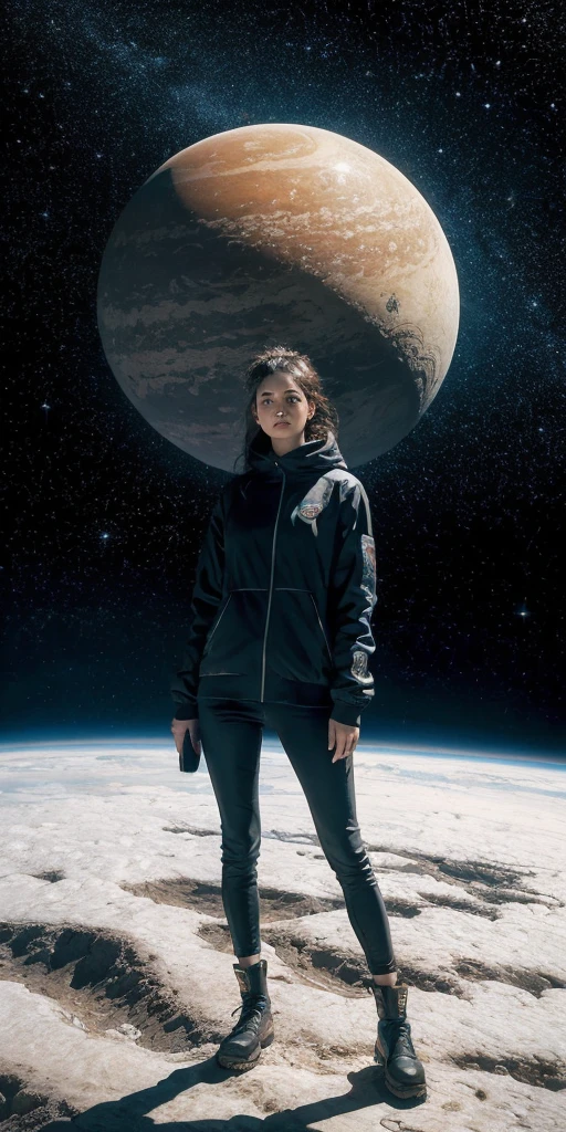 there is a woman standing in front of a painting of a planet, futuristic city in background, psytrance artwork, interconnected human lifeforms, panoramic view of girl, progressive rock album cover, dream of the endless, star dust, galaxy, stoner rock --ar 16:9 --v 5.1