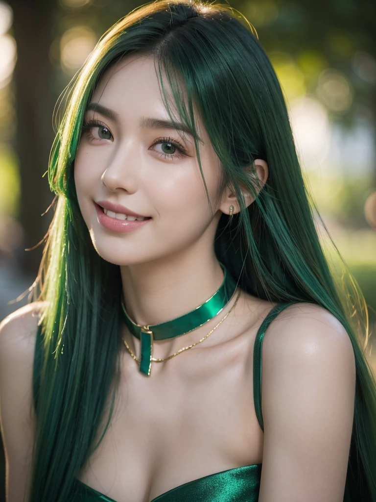 1girl, alone, solitary, high quality, (best quality,4k,8k,highres,masterpiece:1.2),ultra-detailed,(realistic,photorealistic,photo-realistic:1.37),gorgeous hair,emerald hair,long straight hair with bangs,sharp eyes,mole under the eye,plump lips,jewelry,(high detailed skin:1.4),(rim lighting:1.3),(lit:1.3),(sunny day:1.3),portrait,beautiful lips,waist-length hair,seductive gaze,moles,casual clothes,colorful clothing,close up,super long hair,choker necklace,tattoos,tattooed,light eyes,bangs,fringe,20 year old,dimples on the cheeks,dimples,beautiful smile,perfect teeth,straight teeth,perfect sized teeth,dazzling smile,emerald green hair,greenhair,green hair,bright emerald hair,emerald,emerald hair