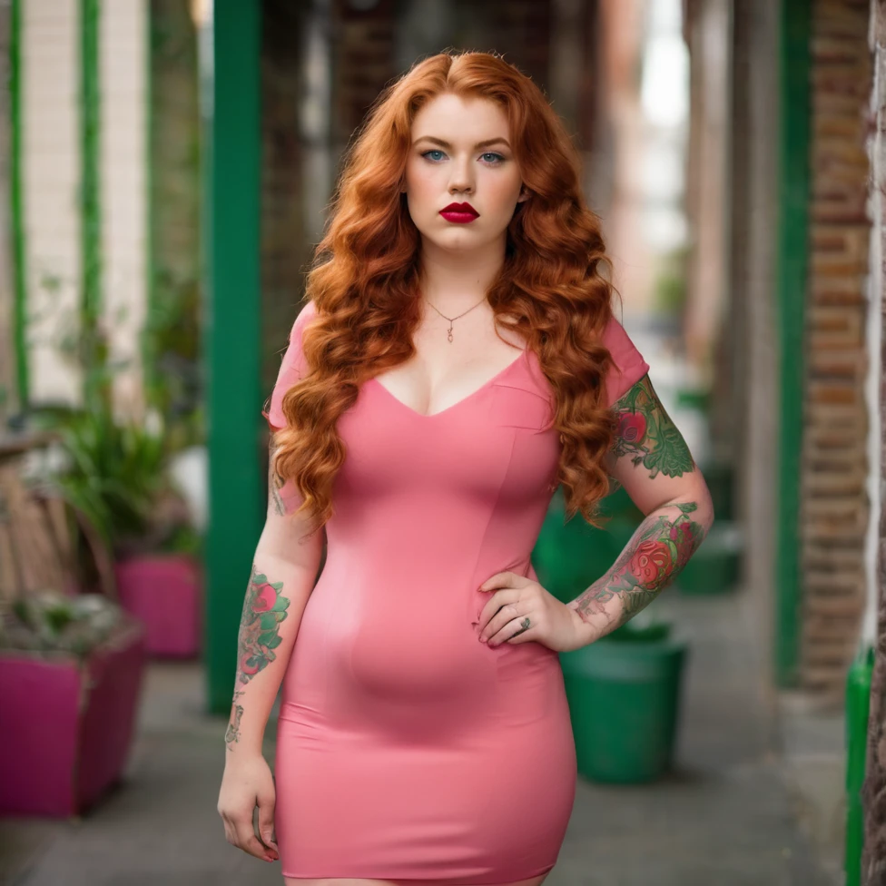 ultra realistic, photography, long red hair, girl, 24 years old, hourglass figure, perfect body, small breasts, Flirty look, extremely detailed artgerm, in the style artgerm, facing the camera, lens 35 mm, blur background, walking through new york, wearing a pink tight mini dress, pink high heels