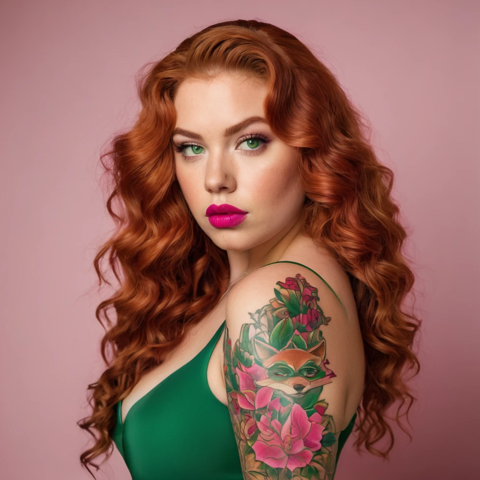 Slightly overweight woman with a serious look, 22 years old, long curly red hair, green eyes, red lipstick, full lips, wearing a tight-fitting pink dress and fox tattoos on her arms