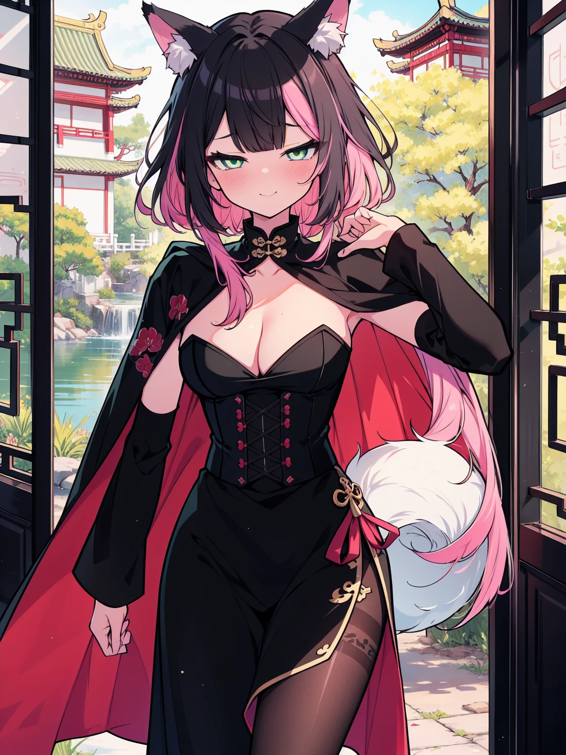 (cowboy shot), (colorful:1.1), (ultra-high resolution, depth of field:1.2), (Tingyun:1.1), solo, (black hair), inner pink hair, bangs, green eyes, (red underline),  fox ears, white fox tail, (medium breasts), (long dress), (long black dress with a waist cincher), crossed collar shirt, cleavage, pantyhose, cape, smile, squinting, Chinese garden scenery