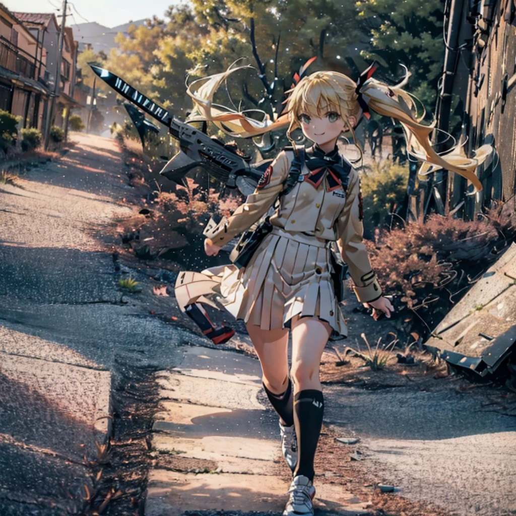 (((Shinomiya Kikoru Big Axe))) ((Yellow Hair Twin tails uniform)) (smile Jump) sunset Shining Background Shining Edge