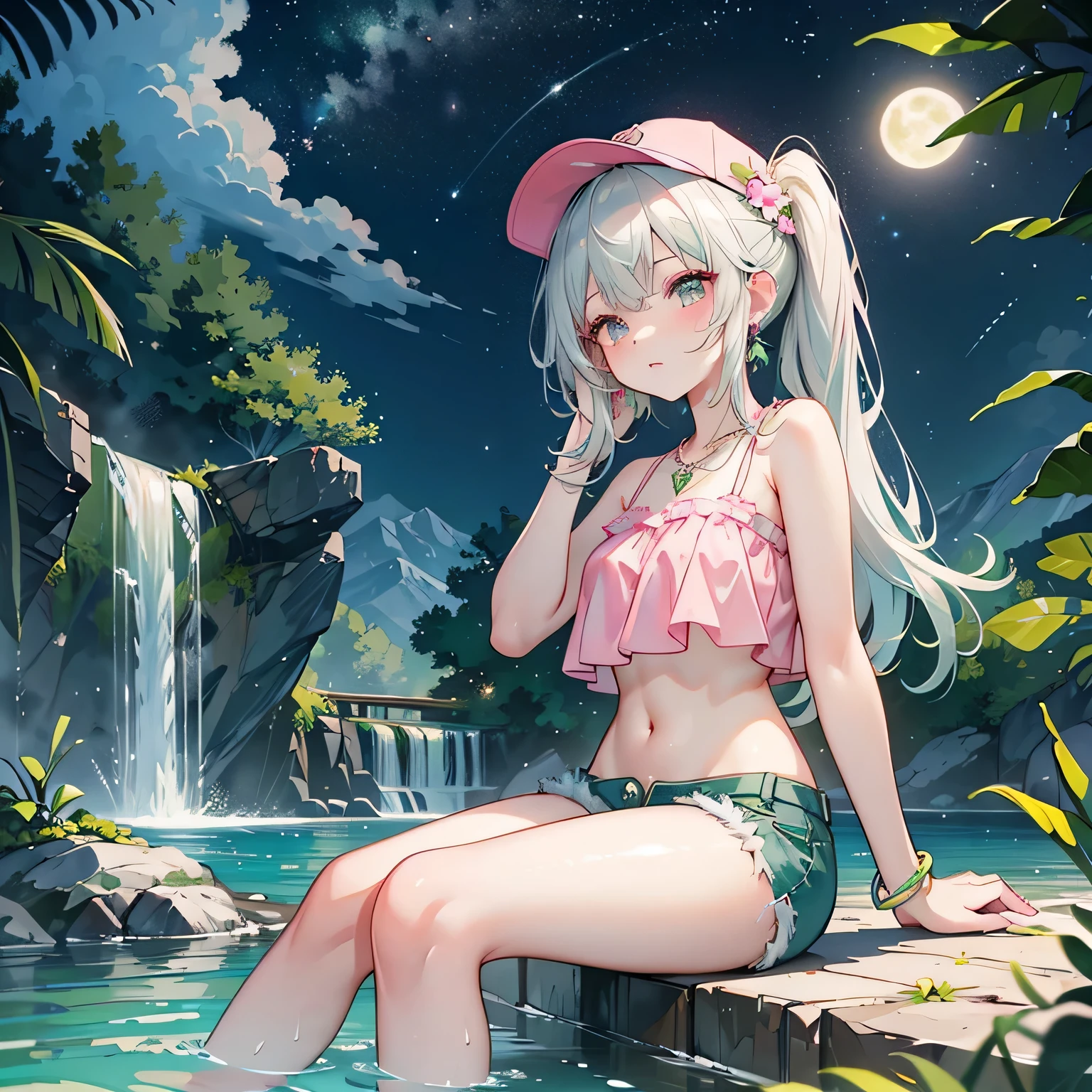looking back,low angle,from below,
((masterpiece:1.4, best quality)), ((masterpiece, best quality)),low angle,beautiful pony tail silver pink hair,beautiful pink eyes,little cute girl,full body, sitting in the water falls,lovely laugh,pink baseball cap, ((elegant summer bikini)), (white over-kneehighs,Lace chalker, wristband, diamond necklace,earrings),cinematic lighting and pause,beautiful natural mysterious park,lots of colorful flowers,starry night sky,full moon,