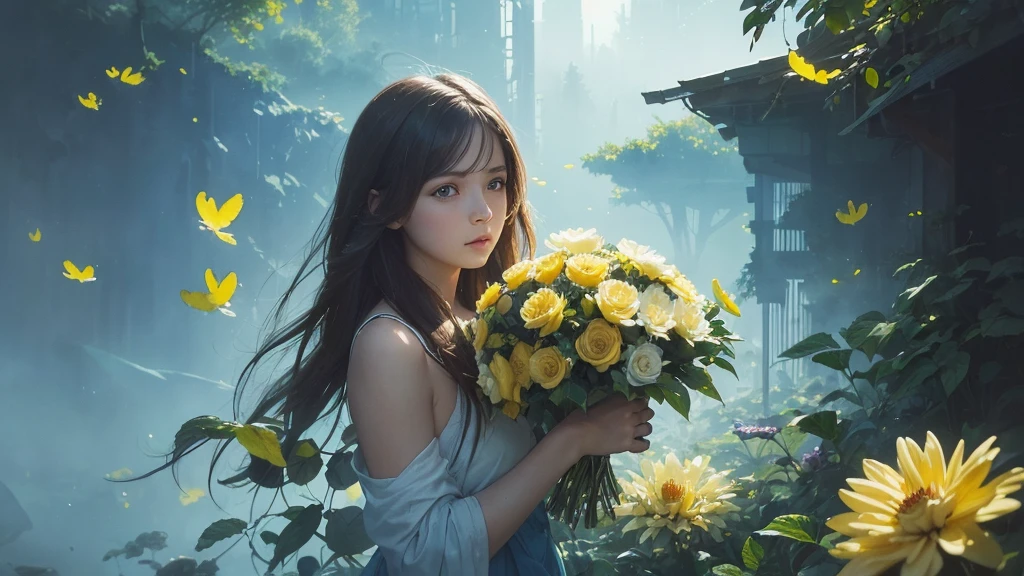 32k, Masterpiece, Highest quality, One girl, Brown Hair, Detailed eyes, flower,Dahlia, Light blue and yellow style,A dreamy, romantic piece,Pale yellow, Mysterious Leaves,A playful arrangement,Fantasy,High Contrast,Ink strokes,explosion,Exposure, Impression of light blue and yellow tones,Abstract,((Watercolours by John Berkey and Jeremy Mann )) Brush strokes,Negative Space, Tyndall effect,