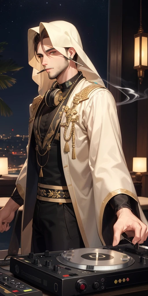top-Quality, Arabian night, red hair, golden eyes, thin beard, smoking, young man, headphones around his neck, Arabian clothes, DJ