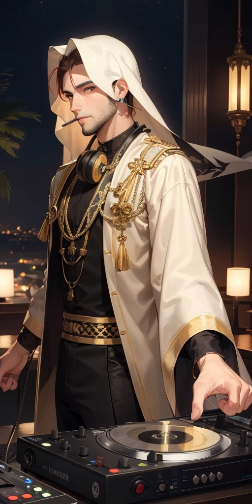 top-Quality, Arabian night, red hair, golden eyes, thin beard, smoking, young man, headphones around his neck, Arabian clothes, DJ