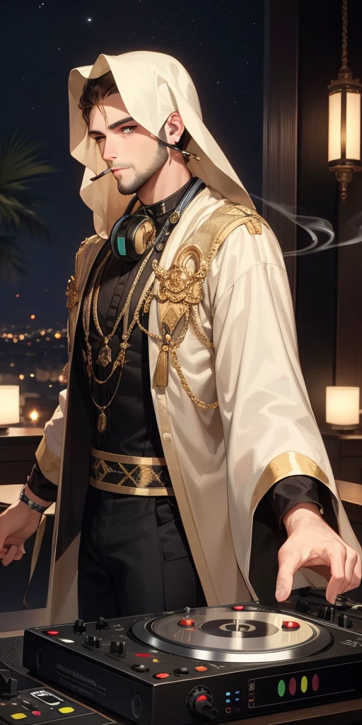 top-Quality, Arabian night, red hair, golden eyes, thin beard, smoking, young man, headphones around his neck, Arabian clothes, DJ