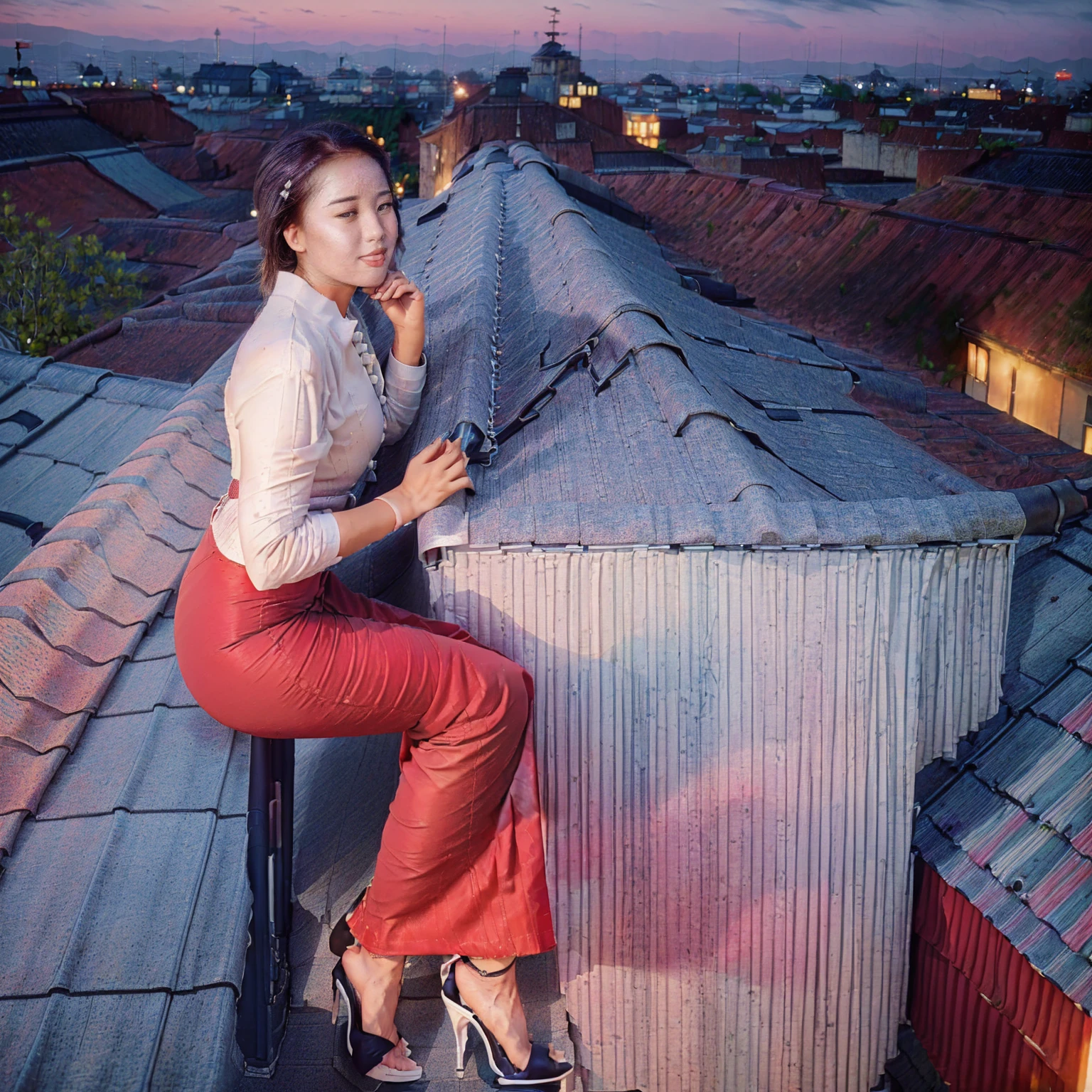 arafed asian woman, 1 girl, solo, ((((pretty lady MoonLay)))), innocent look, cute smile, red lips, (sitting seductively on a stool pose:1.5), (looking to the sky:1.5), (night with starry sky:1.5), smooth face skin, traditional beauty, cinematic portrait glow lighting, traditional dress, ((in a white shirt and red skirt:1.5), high heel, (full body view:2), (two story building rooftop balcony with vibrant colorful small townscape background:1.5), (cinematic bokeh deep blur background:1.5), cinematic lighting, perfect anatomy, perfect face, perfect dress, perfect shin and calf, perfect hands, perfect toes