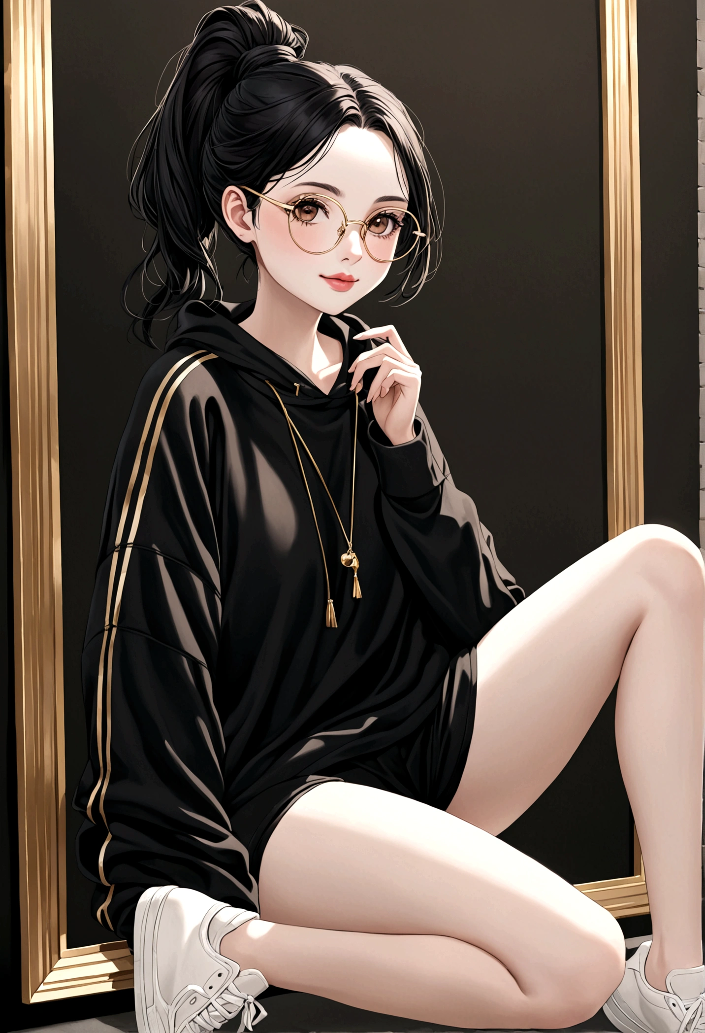 Girl with black hair tied up in a ponytail, thin gold frame glasses, brown eyes, pale pink lips with pale skin, a cute smile, wearing a large black sweatshirt that covers parts of her thighs and wearing short shorts with white sneakers.