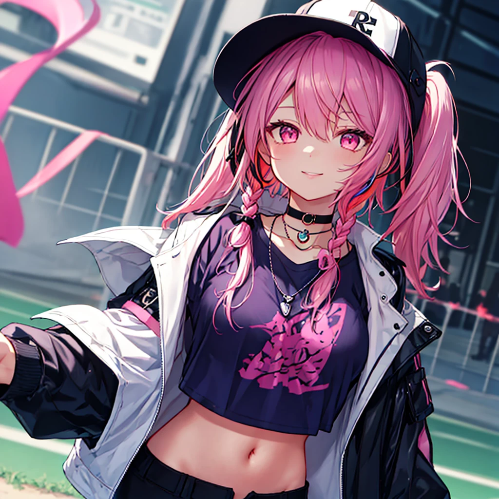 -Zoe\(Palworld\), One girl, alone, Jacket, black Jacket, Twin tails, Black Hair, Multicolored Hair, Striped Hair, smile, jewelry, Have, View your viewers, necklace, Pink Eyes, Crop top, Long Hair, Black Hat, Upper Body, choker, Baseball cap, shirt, chest, open Jacket, Virtual YouTuber, Open clothes, Pink Hair, black choker, purple shirt, Long sleeve, Part your lips, chestの谷間, Blurred, bangs