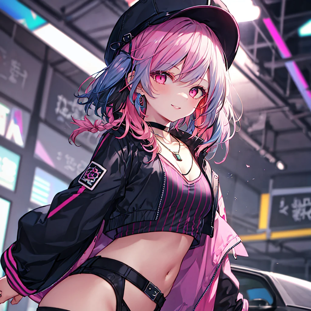 -Zoe\(Palworld\), One girl, alone, Jacket, black Jacket, Twin tails, Black Hair, Multicolored Hair, Striped Hair, smile, jewelry, Have, View your viewers, necklace, Pink Eyes, Crop top, Long Hair, Black Hat, Upper Body, choker, Baseball cap, shirt, chest, open Jacket, Virtual YouTuber, Open clothes, Pink Hair, black choker, purple shirt, Long sleeve, Part your lips, chestの谷間, Blurred, bangs