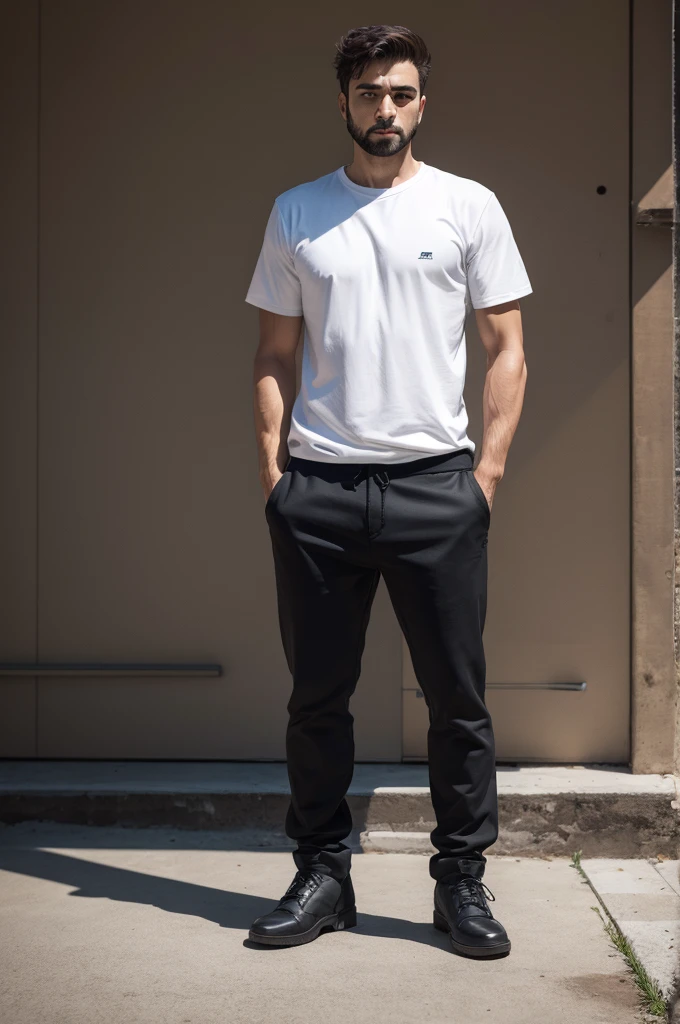 masterpiece, best quality, Surreal, Ultra Detailed, 8k resolution, RAW photos, Clear focus, (A girl in the forest), ((navy blue shirt:1.1)), Short sleeve, Long sweatpants,Full body posture, Solitary, Perfect body, Become a, 32 inches in the chest,(a charming smile:1), (sexy pose)，26 years old, light,White shoes