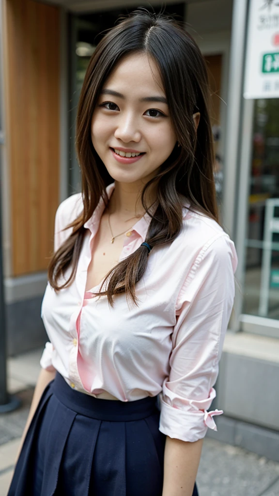 Raw photo、Ultra-realistic、Ultra detailed face、Detail lips、Detailed eyes、High school girl smiling showing her teeth、Long Hair:1.1、chest、Visible curves、Laughing with your mouth open 、Tokyo city角、 Whole body、( Slender body)、(Long Hair)、Big Breasts、Idol、(pastel colour)、18-year-old、Small face、Braid、 Tokyo city、Long beautiful legs 1.2、Curved waist、flower、uniform、blouse、Wide forehead