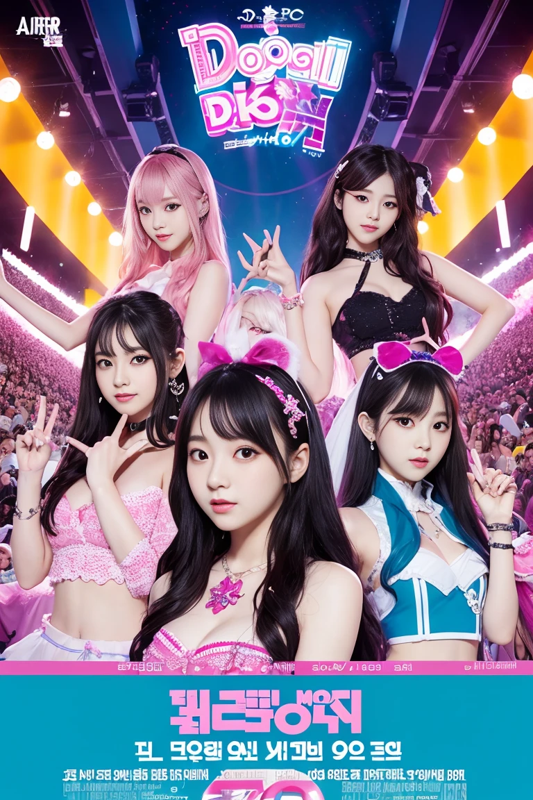 Concert poster, K-pop girl group, korean girl, concert name "dokidoki Splash!", Concert date is March 29th, Magic style, poster title "[AI's]New Generation Idol Group".
