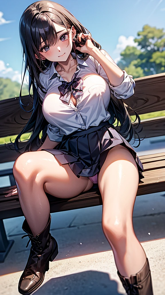 Cinema Lighting、Highest quality、sitting on a park bench、Put your feet on the bench、Photo taken from directly below、female、Age 25、Black Hair、long hair、Straight Hair、White collared shirt、((Button up、Navy blue pleated skirt、Brown boots)),femaleの子、Pink Panties、Spread your legs、汗y、Huge breasts、