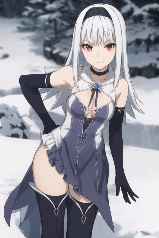 1girl, aira, blanc neige, smile, galdinius hairband, black elbow gloves, blue dress cleavage, frilled choker, black cape, black thighhighs frills, blue gemstone, park, snow, best quality, masterpiece, looking at viewers