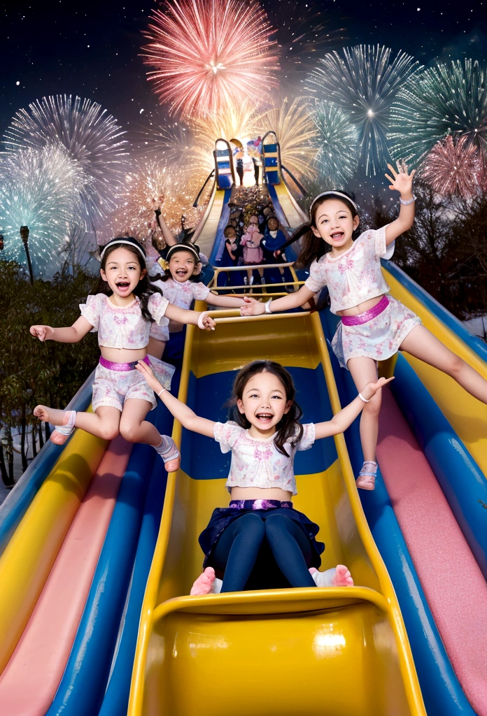 Cheerful children ride down the slide on New Year&#39;s Eve.