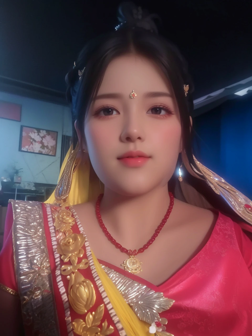 best quality, masterpiece, highres, 1girl,china dress,hair ornament,necklace, jewelry,Beautiful face,upon_body, tyndall effect,photorealistic, dark studio, rim lighting, two tone lighting,(high detailed skin:1.2), 8k uhd, dslr, soft lighting, high quality, volumetric lighting, candid, Photograph, high resolution, 4k, 8k, Bokeh,