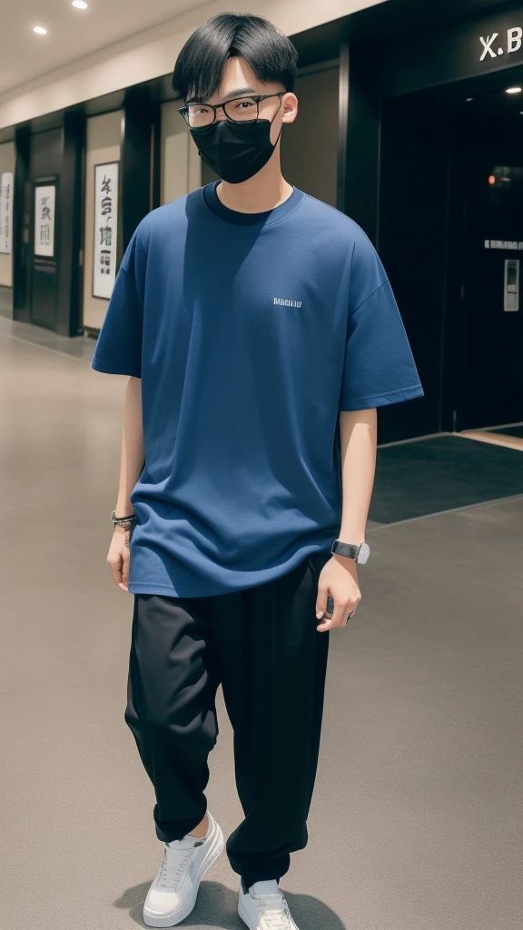 18 year old Shanghai boy, he is ((oversized xxl blue plain T shirt)), wearing black Trousers, wearing sneakers, wearing glasses, night club, full body, (he is 한국 머리카락입니다)  k pop style, black mask, walking 