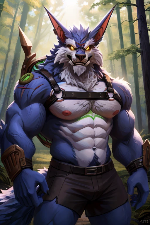 Lol,warwick,Werewolf,male,Adults,Solitary,4K,Best quality,best quality,Looking at the audience,Hairy body,Topless,not wearing clothes,Bare chest,Hairy chest,Fluffy tail,Chest muscles,Pink nipples, Six-pack abs, Biceps, Anatomically correct,Delicate fur,pride,Soft shadows,Majestic,High quality eyes,Golden Eyes,Black pupil,Sharp eyes,Grandiose,brave,black leather shorts,harness,fierce smile,Wild,Strong,Mature,forest,Blue sky and white clouds,Sunlight