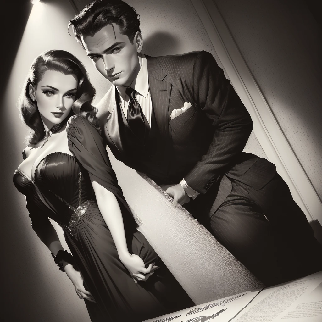 a man is holding a woman in a dress and a suit, vintage noir, publicity photo, old hollywood, poster shot, by Stan Galli, by George Hurrell, noir film, 1940s photo, preston blair, promo photograph, irresistible, film noir, model pose, promo shot, by Pat Adams, by Dennis Ashbaugh, glamorous pose