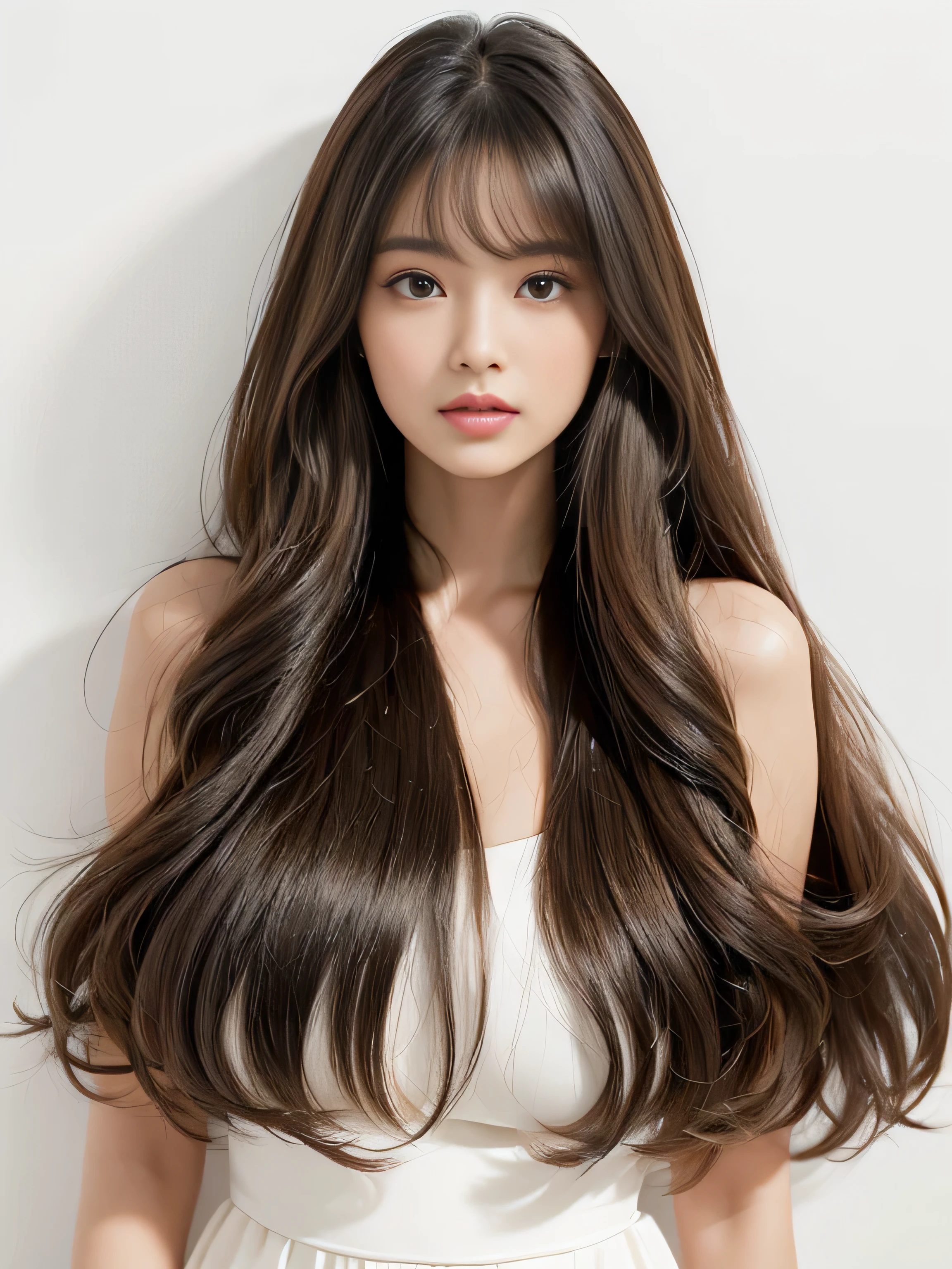 1woman ((Waist up shot:!!!)) (She is standing in front of a white wall、and a pose that makes your hair look as wide as possible:1.8) (Large Breasts:2.0) (She looks very confident as she looks out at the audience..:1.8) ((Highest quality)), ((masterpiece)), (family friendly), (Get used to it) ((Her hair is very long!!!!! & Very fluffy curly hair:1.5)) (((Her hair color is the perfect light brown...:1.8!!))) (Her bangs are neatly trimmed and straight down.:1.5) (Highest qualityの long hair to the ankles!!!!! Highest quality Hair quality with attention to detail long hair to the ankles!!!!!、Very long and lasting hair!!!!! Flowing Hair Her hair is incredibly curly!!! Very shiny and thick hair Abnormally long hair that lasts forever!!!!! Flowing hair on both ends!!!!! long hair to the ankles!!!!! long hair to the ankles!!!!! Thick and shiny hair Very free hair Abnormally long hair!!!!! Beautiful silky hair Beautiful and shiny hair Beautiful and shiny hair Beautiful silky hair long hair to the ankles!!!!! Very long hair!!!!! Very long hair!!!!!) (Highest quality The best ultra-fine long hair to the ankles!!!!!、Very long hair that lasts forever Flowing Hair Her hair is incredibly curly!!! Very shiny and thick hair Abnormally long hair that lasts forever!!!!! Flowing hair on both ends long hair to the ankles!!!!! Thick and shiny hair Very free hair Abnormally long hair!!!!! Beautiful silky hair long hair to the ankles!!!!! Beautiful and shiny hair Beautiful and shiny hair Beautiful silky hair long hair to the ankles!!!!! Very very, Very long hair!!!!! Very very, Very long hair!!!!!) (She is the most beautiful 24-year-old hair model in Japan............) Perfect woman'face (Her face shape is thinner than average:1.8) (Her eyes are larger than average:1.8 Her nose is higher than average:1.8) (She has a typical Japanese build and skin color..., Her skin is very high quality and ultra high definition.、very beautiful and glowing skin) (Her face is dignified and sexy)(She achieved her sexy look with the help of a professional makeup artist.。... Lipstick is bright red!!! The eyeliner is a beautiful black) (She has a typical Japanese build and skin color Her skin is very delicate and sensitive..、and、Such beautiful and radiant skin) ((Rich 1.4)) (Extremely detailed 8K) (Ultra-fine skin texture 1.4) (current, Vibrant:1.4), Sharp focus:1.2、Beautiful woman:1.4 Dynamic Lighting (Genuine RAW photos taken by professional photographers) (Surreal photos by professional photographers :1.2)