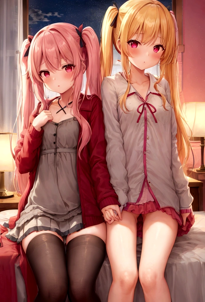 2girls, yuri, lewd touching, blonde hair red eyes, scholar, wallpaper, depth of field, night, light particles, light rays, sidelighting, delicate thighs, open jacket, plug, cloud, panties, ribbons, cute girl, sex, stuffed animals, bedroom, hair accessory, large shirt, naked, pink hair twin tails, red shirt, lifting dress, hands in pants,