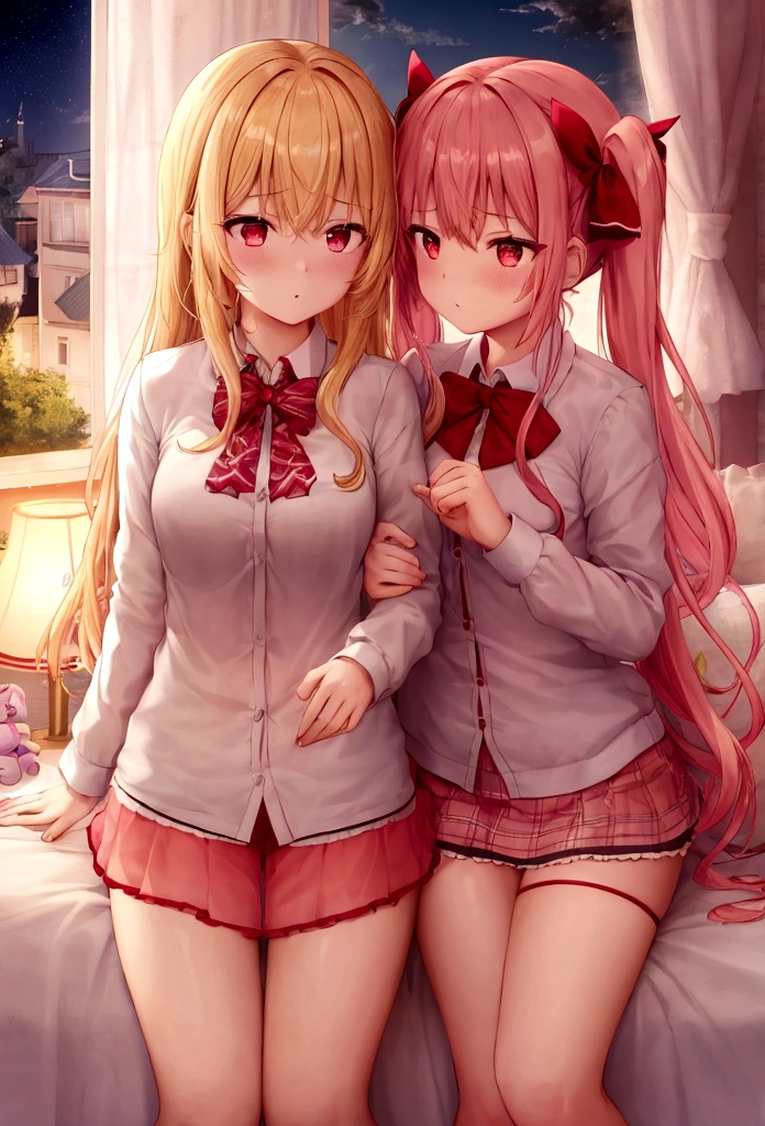 2girls, yuri, lewd touching, blonde hair red eyes, scholar, wallpaper, depth of field, night, light particles, light rays, sidelighting, delicate thighs, open jacket, plug, cloud, panties, ribbons, cute girl, sex, stuffed animals, bedroom, hair accessory, large shirt, naked, pink hair twin tails, red shirt, lifting dress, hands in pants, 