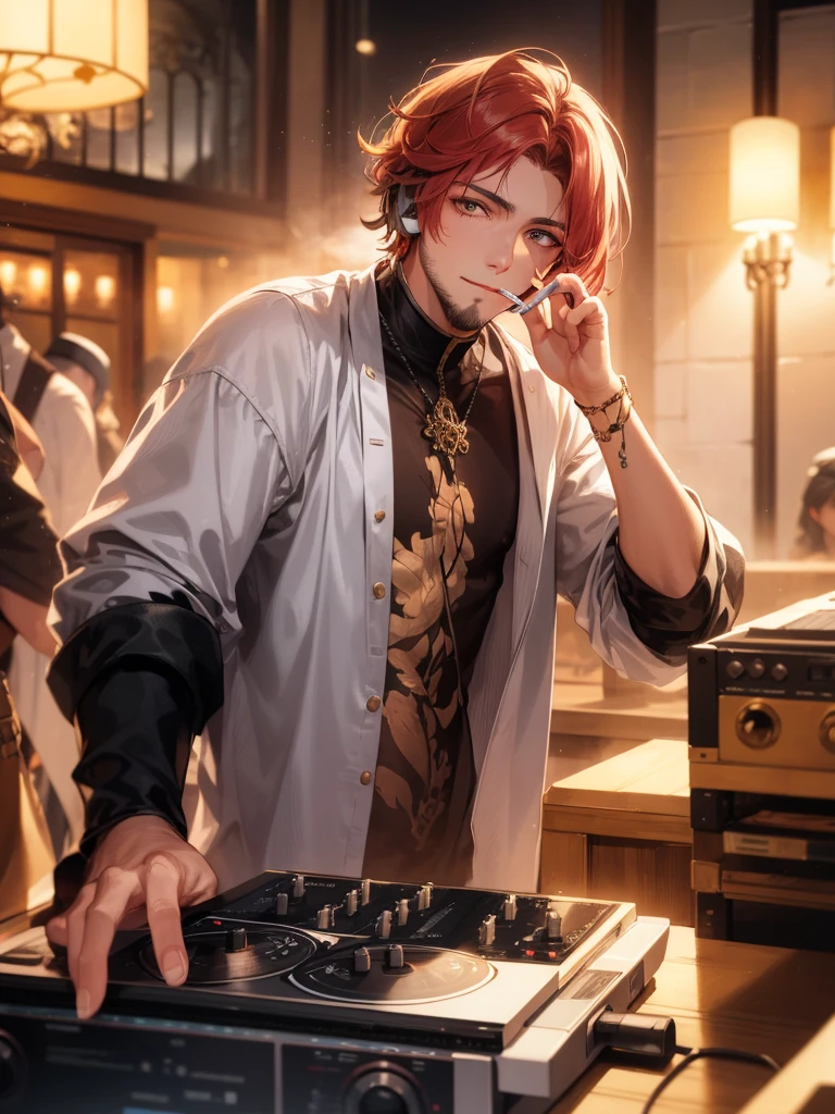 top-Quality, Arabian night, red hair, golden eyes, thin beard, smoking, young man, headphones around his neck, Arabian clothes, DJ