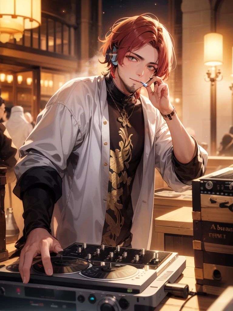 top-Quality, Arabian night, red hair, golden eyes, thin beard, smoking, young man, headphones around his neck, Arabian clothes, DJ