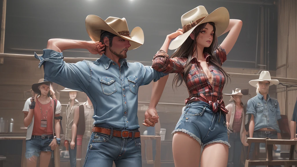 Create dancers dressed in cowboy hats and denim shorts, leather boots and a plaid shirt tied with a knot at the waist,8K, Ultra realistic photo, cinematographic 