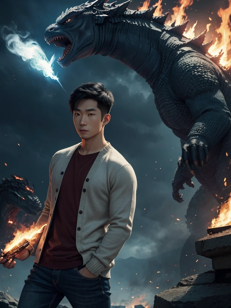 Male, 25 years old, Asian, good looking, white skin. Wear a sweater and jeans and stand facing the camera. In the background, Godzilla is breathing fire forward.