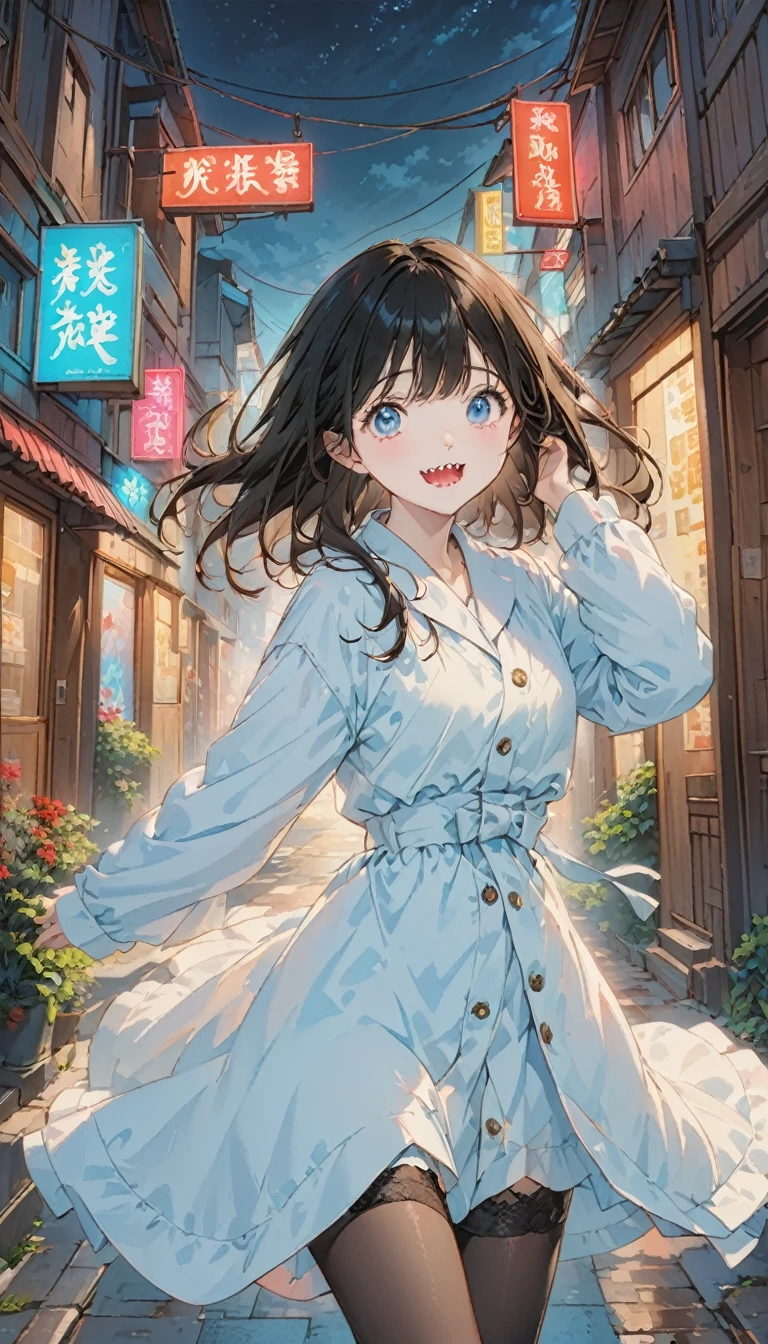 quality\(masterpiece, best quality,8K,非常に精細なCGユニットのwallpaper,High resolution,top-quality,top-quality real texture skin,Surreal,Increase the resolution,RAW Photos,最高quality,Very detailed,wallpaper\), break ,White Leather Trench Coat, 白い革のトレンチコートを着たgirl:1.5,\(girl,cute,Black Hair,Black Bunny girl:1.37, Black Pantyhose, Black garter belt, Grey Eyes,Big eyes,Shining Eyes,smile,Sharp teeth,Open your mouth,\), break ,Dark Background、darkness、terrible、(outside,night,neon,Backstreets)