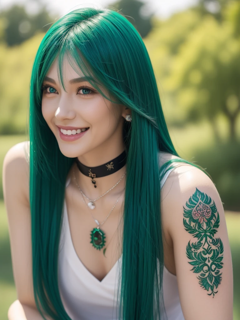 1girl, alone, solitary, high quality, (best quality,4k,8k,highres,masterpiece:1.2),ultra-detailed,(realistic,photorealistic,photo-realistic:1.37),gorgeous hair,emerald hair,long straight hair with bangs,sharp eyes,mole under the eye,plump lips,jewelry,(high detailed skin:1.4),(rim lighting:1.3),(lit:1.3),(sunny day:1.3),portrait,beautiful lips,waist-length hair,seductive gaze,moles,casual clothes,colorful clothing,close up,super long hair,choker necklace,tattoos,tattooed,light eyes,bangs,fringe,20 year old,dimples on the cheeks,dimples,beautiful smile,perfect teeth,straight teeth,perfect sized teeth,dazzling smile,emerald green hair,greenhair,green hair,bright emerald hair,emerald,emerald hair
